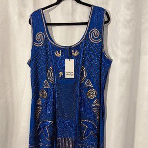 3XL Unique Vintage Blue and gold sequin flapper-style sleeveless dress